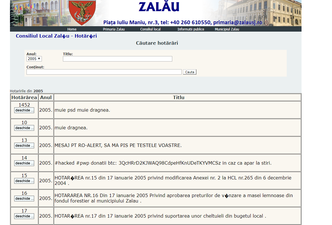 Site-ul  oficial al Primăriei Zalău a fost spart de ''hackeri''. Hotărâri de Consiliu Local, pline cu mesaje obscene