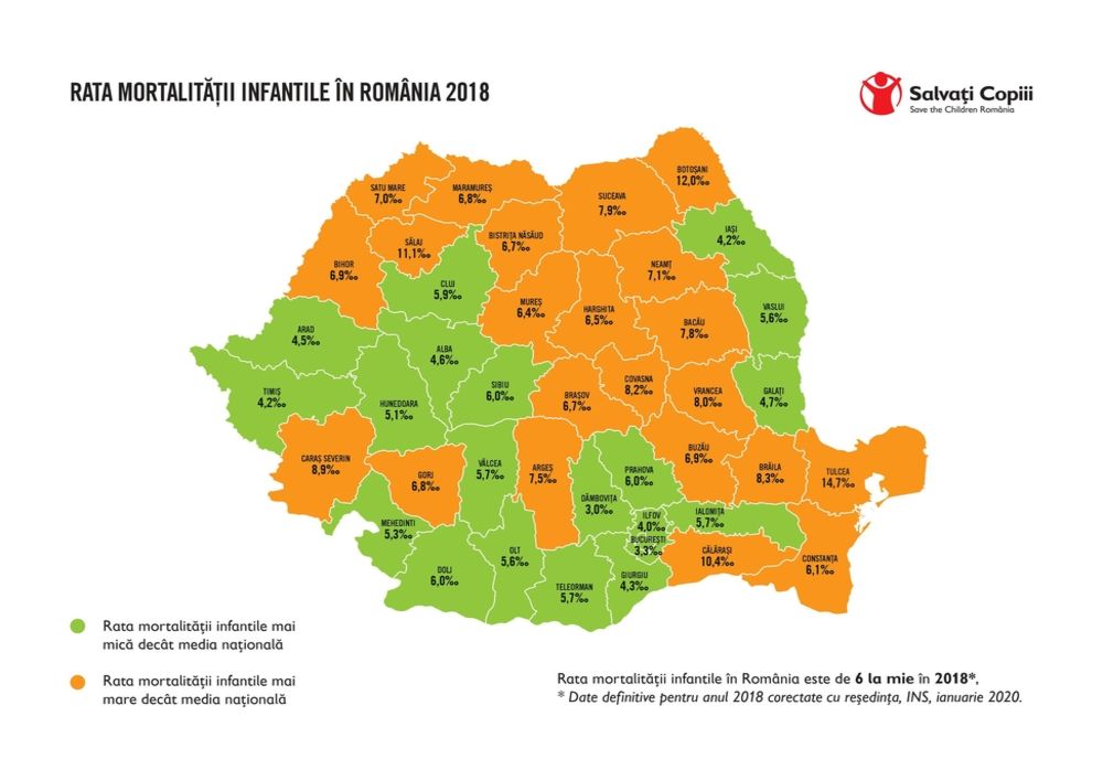 În fiecare an în România mor aproximativ 1.300 de nou-născuți. Harta MORTALITĂȚII infantile din România