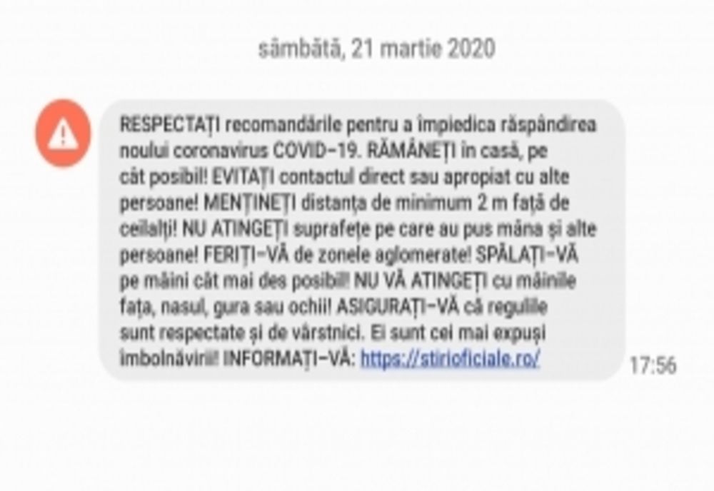 Mesaj RO ALERT pentru coronavirus!