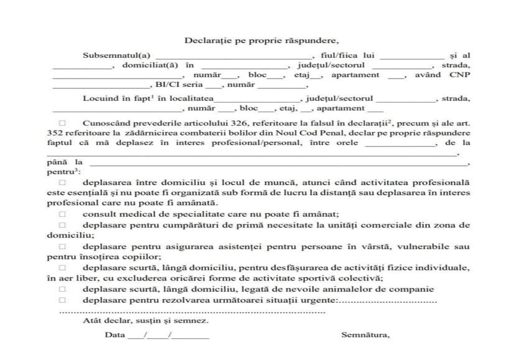 DOCUMENT. Modelul de formular care trebuie completat pentru a putea ieși din casă