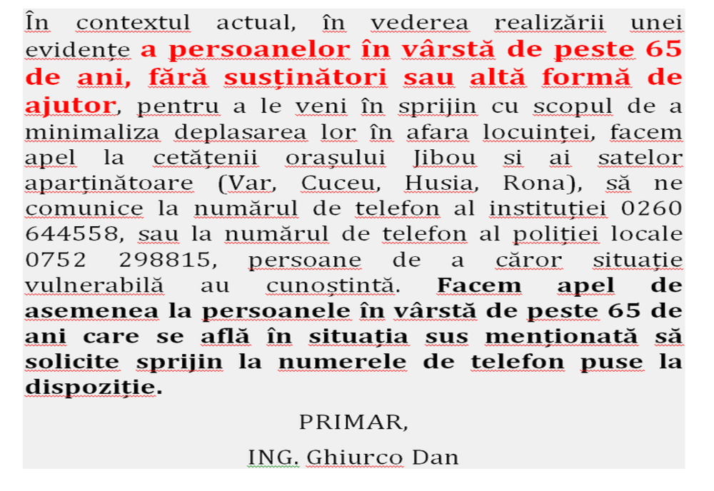 Jibou: Ajutor din partea Primăriei pentru persoanele peste 65 de ani