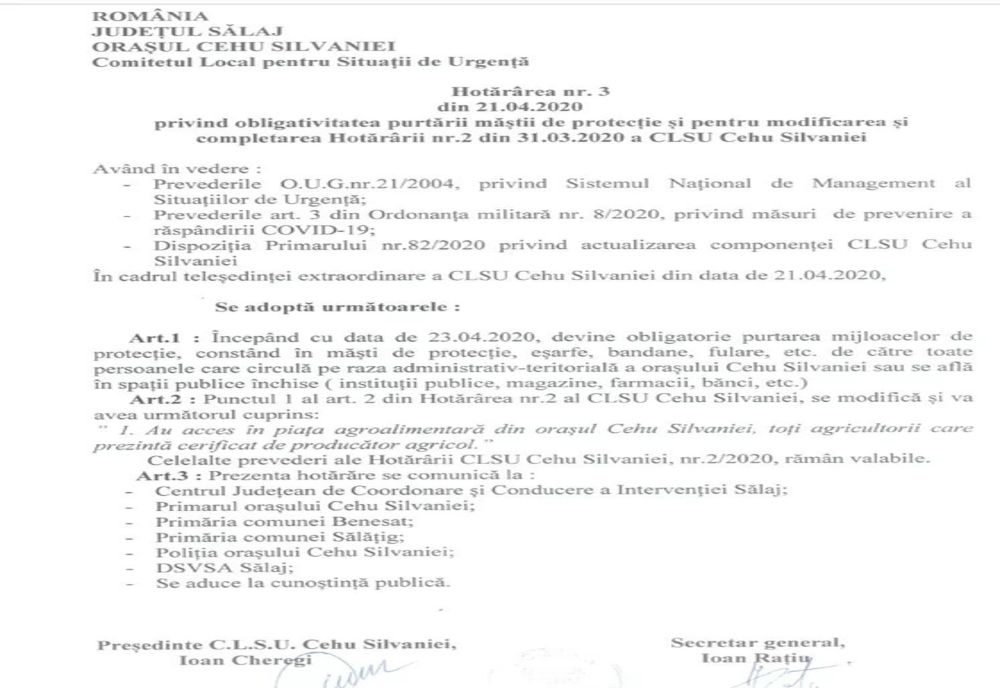 De mâine, în  Cehu Silvaniei este obligatorie purtarea măștilor de protecție