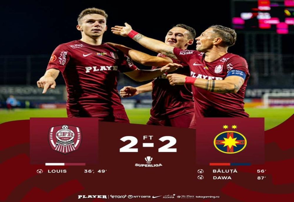FOTBAL: CFR CLUJ ŞI FCSB AU TERMINAT LA EGALITATE (2-2) ÎN SUPERLIGĂ
