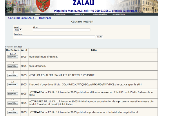 Site-ul  oficial al Primăriei Zalău a fost spart de ''hackeri''. Hotărâri de Consiliu Local, pline cu mesaje obscene