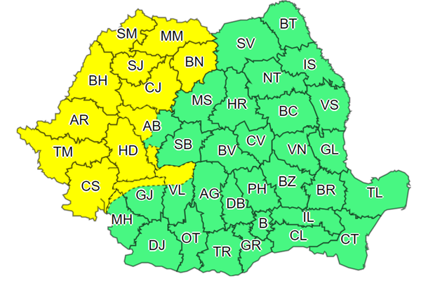 COD GALBEN de ninsori și viscol la munte, emis pentru 14 județe din țară